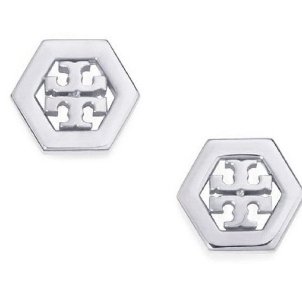 Tory Burch Silver Hexagon Logo Stud Earrings
